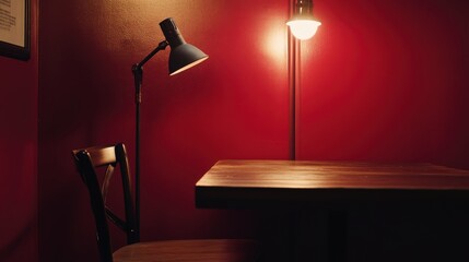 Elegant Red Room with Wooden Table and Stylish Lighting