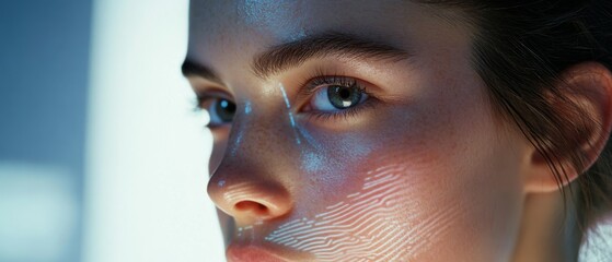 Illuminated by soft light, a detailed fingerprint overlays a focused gaze, suggesting identity and individuality.