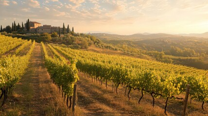 Fototapeta premium Tuscan Vineyard Landscape at Golden Hour