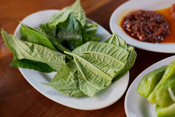 A plate of fresh Indonesian vegetables, daun pohpohan are edible leaves used in Indonesian cuisine, often eaten raw with sambal as part of a dish called lalapan