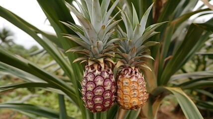 Pineapple tree with a bunch of growing mature Pineapple