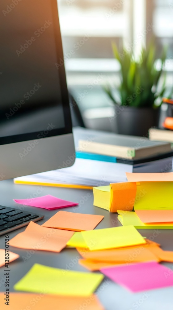 Poster Cluttered workspace with colorful sticky notes and a computer symbolizes the chaos of multitasking and time management. Books and plants add to the busy atmosphere