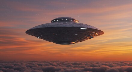 Obraz premium An unidentified flying object hovers over a sea of clouds