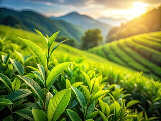 Fototapeta premium Organic tea fields showcase vibrant green leaves; a scenic, natural backdrop with copy space.