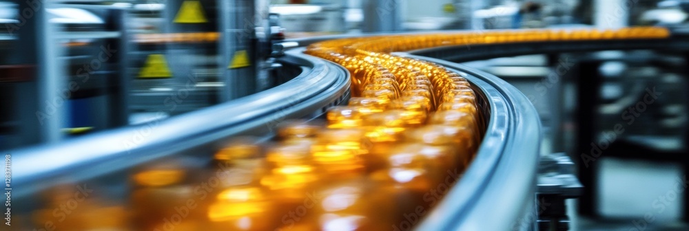 Poster conveyor belt transporting amber bottles in a large manufacturing facility during the daytime. gener