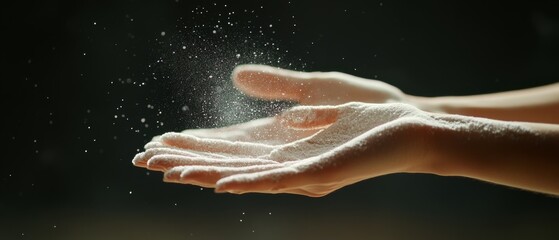 Graceful hands toss flour into the air with a sense of artistic flair, capturing a moment of culinary creativity.
