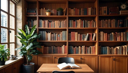 Fototapeta premium Cozy reading nook with bookshelves and a wooden table