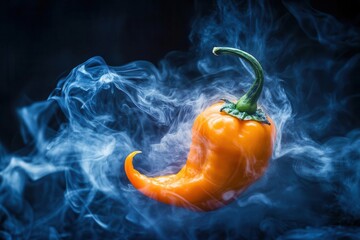 a fiery habanero pepper floating in darkness, wreathed in ethereal blue flames, macro photography with dramatic lighting and smoke tendrils