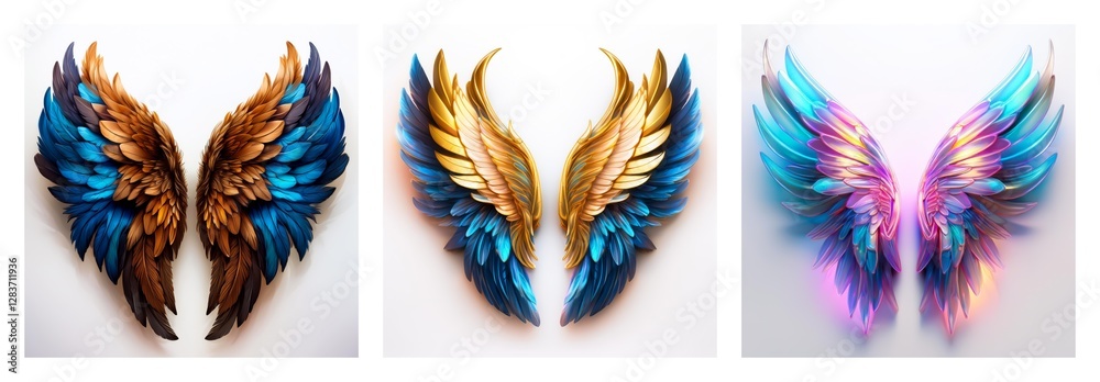 Poster isolated collection of three pairs of decorative wings. each pair displays unique vibrant colors and