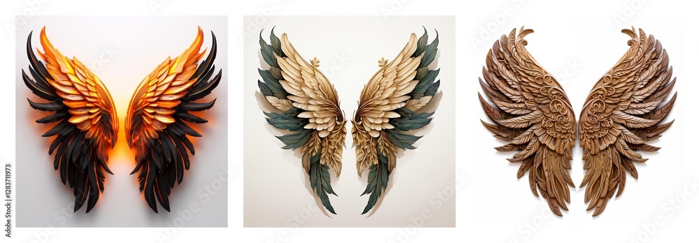 Poster a collection of three pairs of decorative wings, isolated on a white background. each pair has a uni