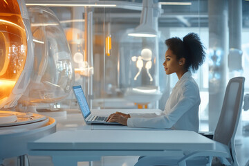 Professional working in a modern virtual office with holographic displays in an innovative tech environment