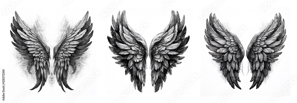 Poster isolated collection featuring three pairs of detailed wings, varying in feather density and style, a