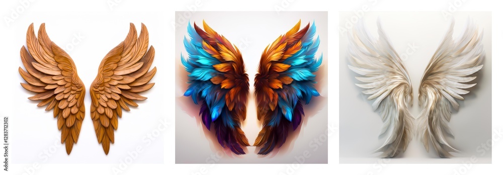Poster Isolated collection of three pairs of wings. Different colors and styles of wings presented against a white background.
