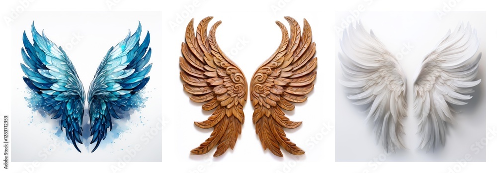 Poster isolated collection of three pairs of wings. blue, brown, and white wings are displayed on a clean b