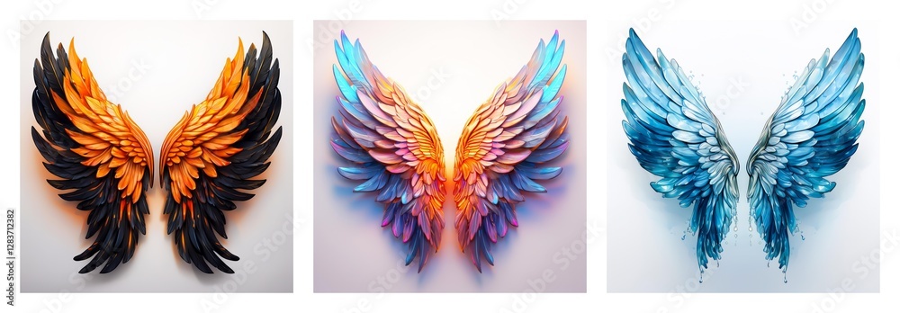 Poster A collection of three pairs of ornate wings, each isolated on a white backdrop. The wings display different vibrant colors and textures, showcasing a varied set.