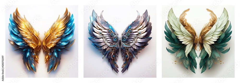 Poster Isolated collection of three pairs of decorative wings. Each pair showcases unique color palettes and feather designs, presented on a plain background.