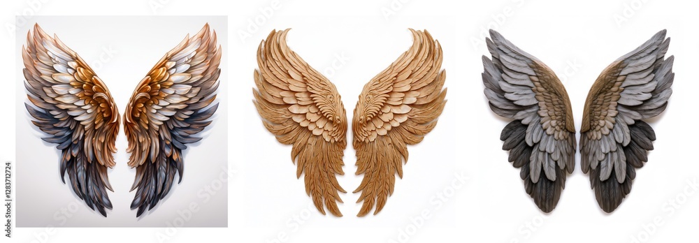 Poster isolated collection of three pairs of wings showcasing various feather styles and colors. different 