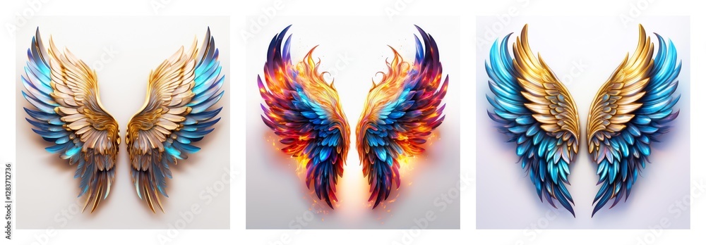 Aufkleber isolated collection featuring three distinct pairs of stylized wings, each uniquely colored and deta