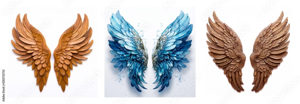 Poster a collection of three pairs of ornate wings, isolated against a white backdrop. the wings display di