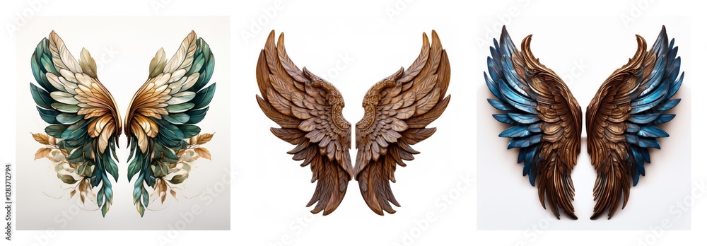Aufkleber a collection of three pairs of decorative wings, isolated on a white background. each pair features 