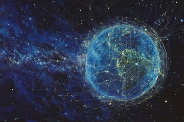 Obraz premium a glowing holographic earth suspended in deep blue space, interconnected by luminous data streams and geometric network patterns, ethereal cybernetic visualization