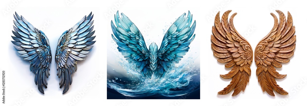 Poster Isolated collection of three pairs of wings showing different styles and textures, all presented on a clean white background.