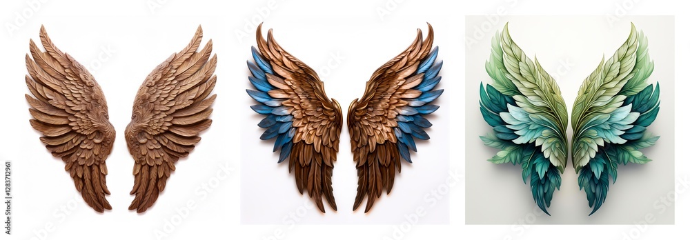 Poster Isolated collection of three diverse wings. Featuring three sets of detailed wings in varying colors and styles, all presented isolated on a white backdrop.