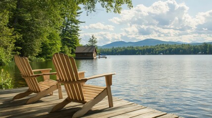 Fototapeta premium Two Wooden Adirondack Chairs on Lake Dock Peaceful Summer View