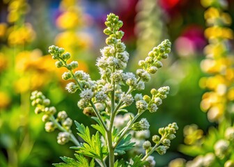 Obraz premium Close-up View of Blooming Artemisia vulgaris (Common Mugwort) with Floral Background