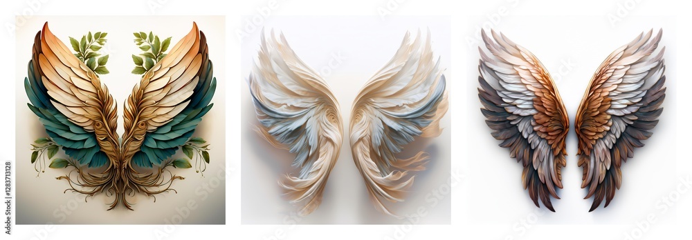 Poster A diverse collection of three pairs of ornate wings, isolated against white backgrounds. Each set displays unique feathering and color palettes.