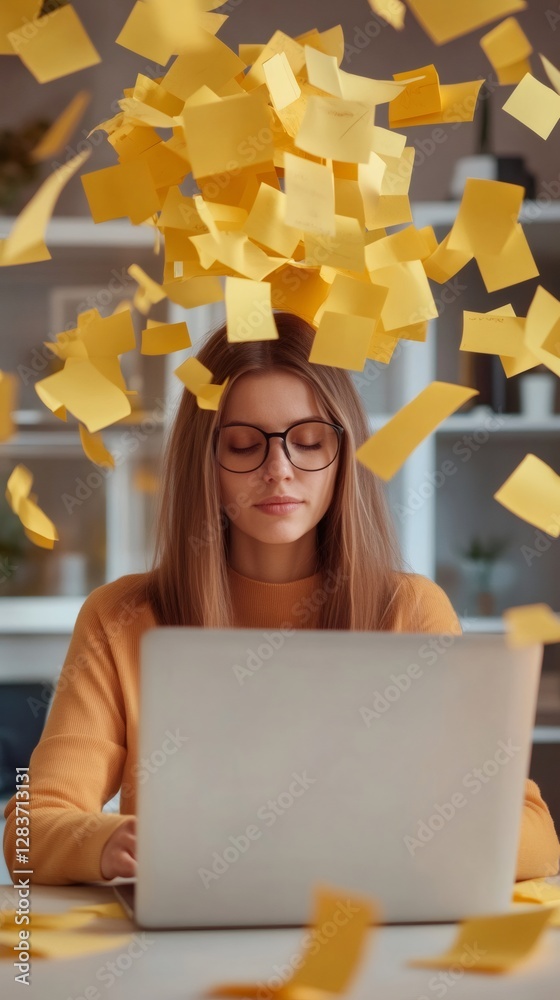 Poster woman sits at a desk with a laptop, surrounded by a chaotic flurry of yellow sticky notes. the scene