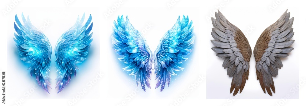 Poster isolated collection of three pairs of wings. featuring diverse styles, from ethereal blue to realist