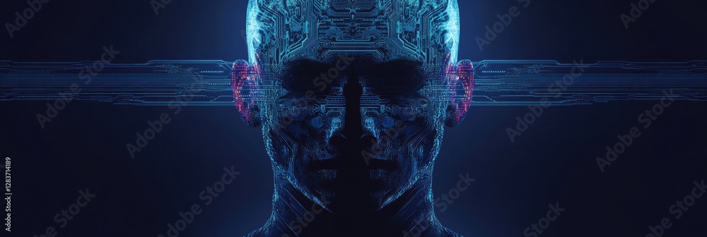 Fototapete Silhouette of human head with intricate circuit board design glowing in neon hues showcasing futuristic AI concepts. Generative AI
