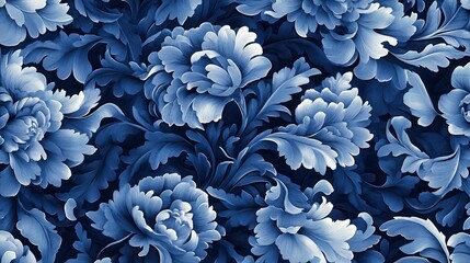Elegant blue floral pattern with intricate blooms and leaves