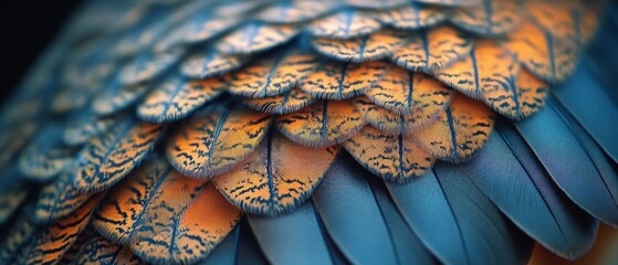 Close-up of vibrant, layered feathers in blue and orange hues showcase intricate textures and the artistry of nature’s design.