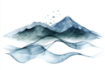 Obraz premium Abstract watercolor depiction of indigo and light blue waves and mountains on white