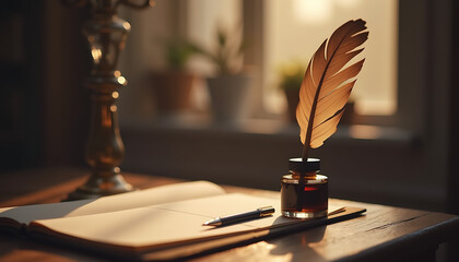 Quill pen and ink bottle on writing desk