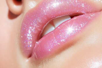 A fair-skinned model applying high-shine glossy lip oil. Generative AI