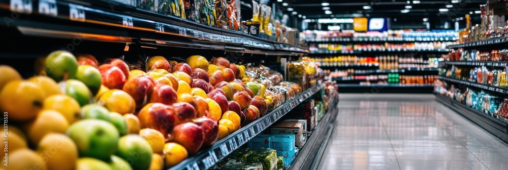 Poster colorful produce displayed on shelves in a grocery store showcasing a variety of fruits and vegetabl