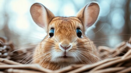 This image features a rabbit nestled in a wicker basket with natural tones, showcasing its serene expression and fluffy fur, evoking feelings of tranquility and warmth.