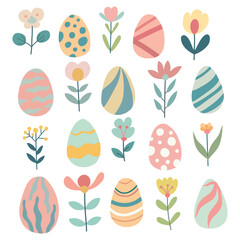 Easter set, eggs, flowers, leaves.Colorful, simple, flat, Vector