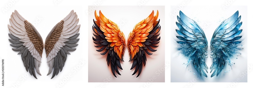 Poster isolated collection of three pairs of decorative wings. these wings showcase diverse styles and colo
