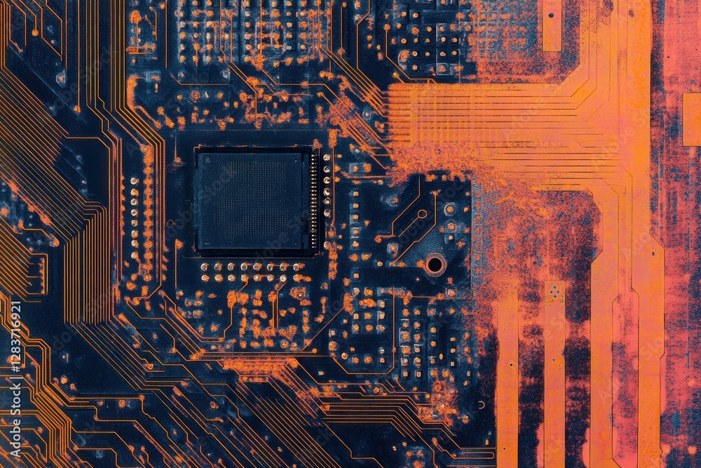 Poster close-up view of a vibrant circuit board showcasing intricate patterns and connections, highlighting