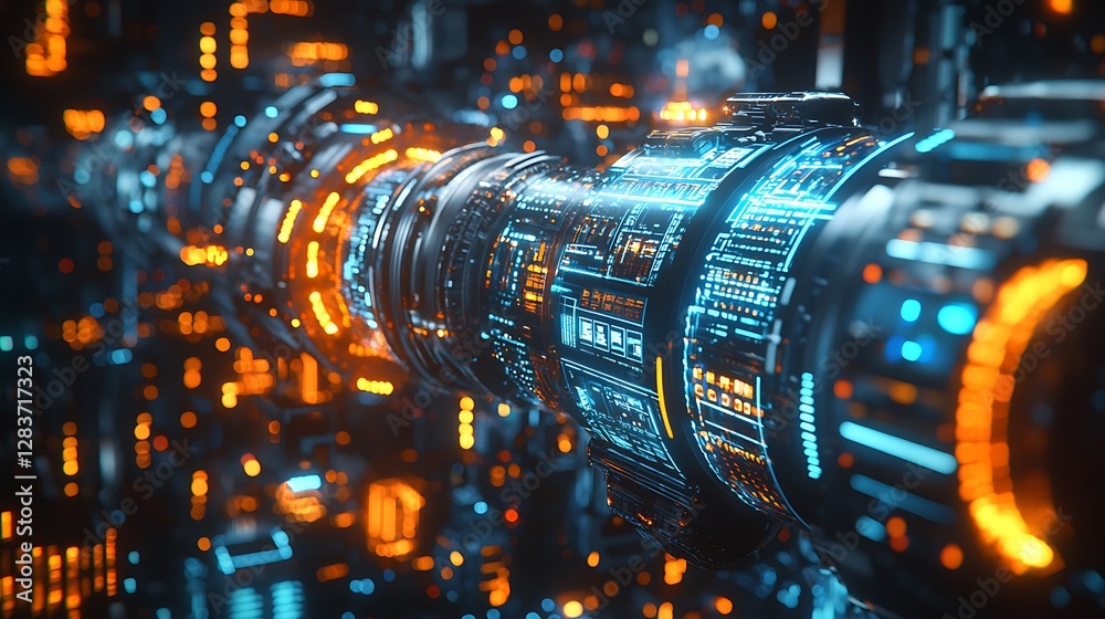Poster futuristic technology tunnel, glowing pipes, complex structures, possible use for science fiction ba