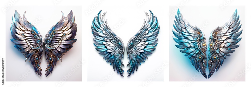 Poster isolated collection of three stylized wings. digital art of feathered wing pairs in various colors a