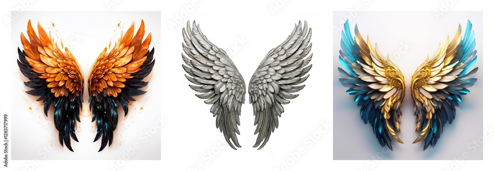 Poster A collection of three isolated pairs of ornate wings, each pair displaying different color schemes and feather details against a white background.