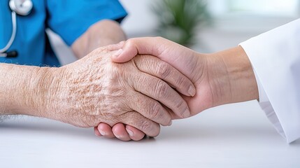 Supporting senior patients with elderly care and mental health. Caring hands of a doctor and patient in a comforting handshake.