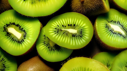 Close-up of fresh and juicy kiwi in various colors neatly arranged, showing the natural beauty and diversity of the fruit.