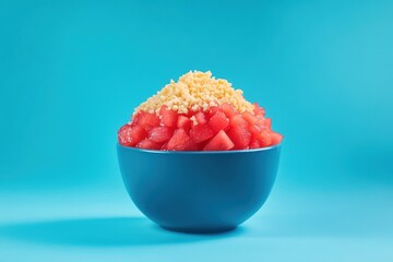 Vibrant Watermelon Salad in a Blue Bowl with Cheese Crumble - A Delicious Dessert Experience