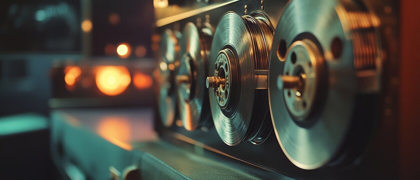 Intricate spools on a vintage reel-to-reel tape recorder evoke nostalgia, with a warm glow casting a retro ambiance filled with stories of the past. - Powered by Adobe